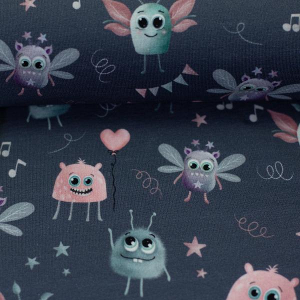 Baumwolljersey kleine Monster Rosa auf Anthrazit Mrs.Mint Design by Swafing